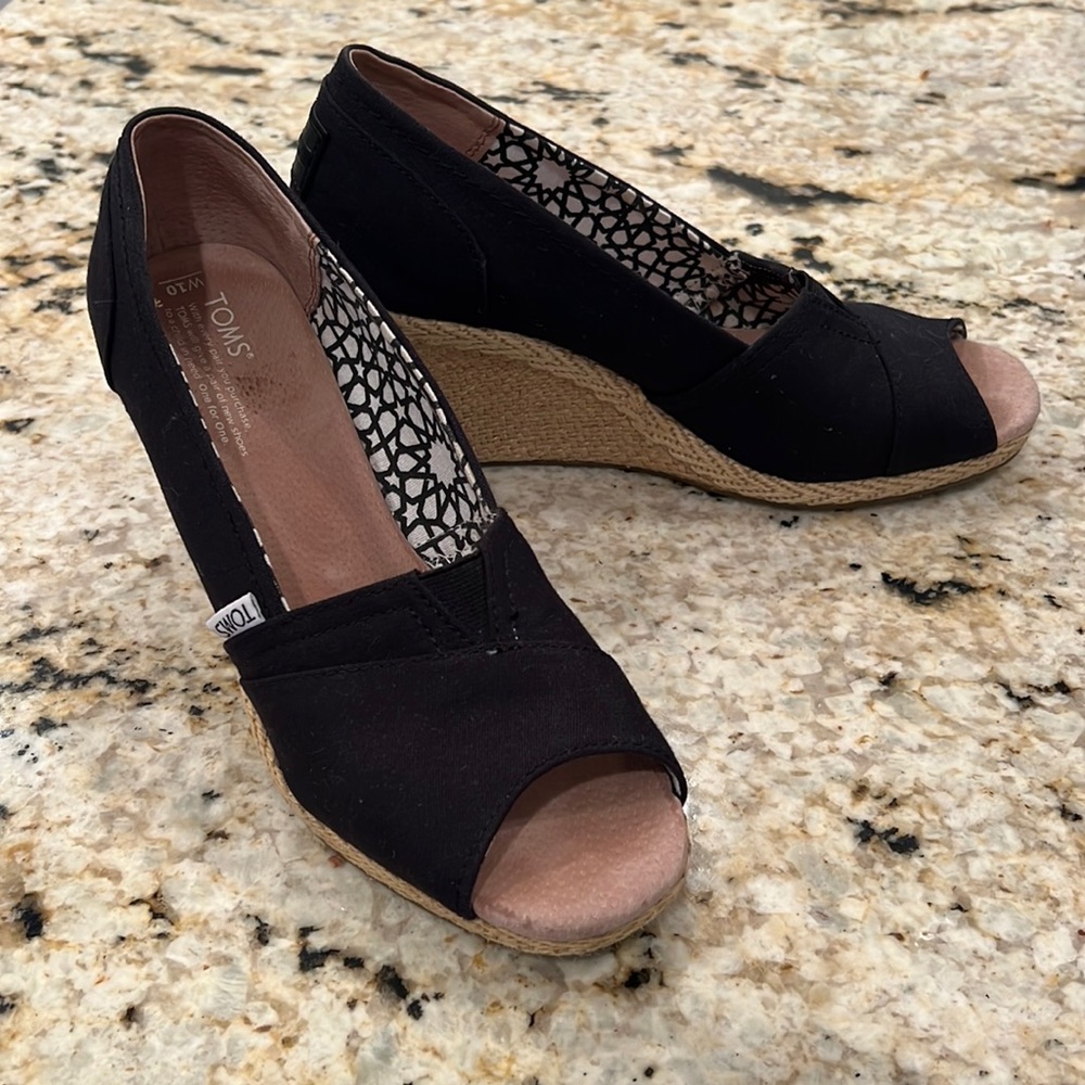 TOMS Black Espadrille Open Toe Wedge